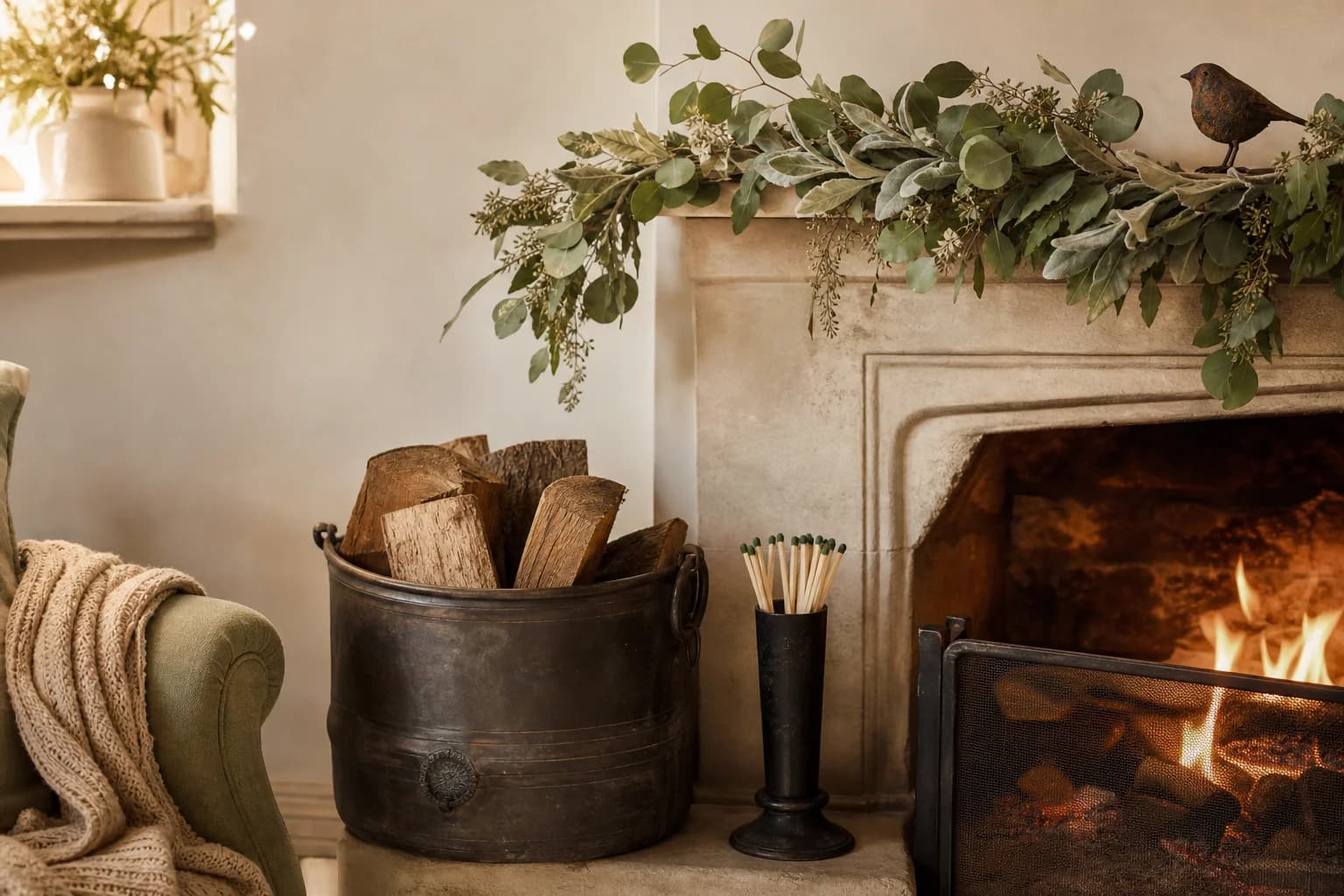 A lit fireplace with a pewter log bucket and eucalyptus garland